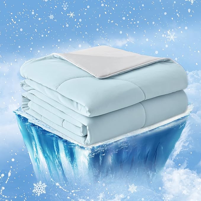 Cozy Bliss Cooling Comforter Queen Size, Cooling Blankets for Hot Sleepers and Night Sweats, Gray Blue Summer Comforter for Queen Size Bed, Breathable Soft Lightweight Silk Smooth