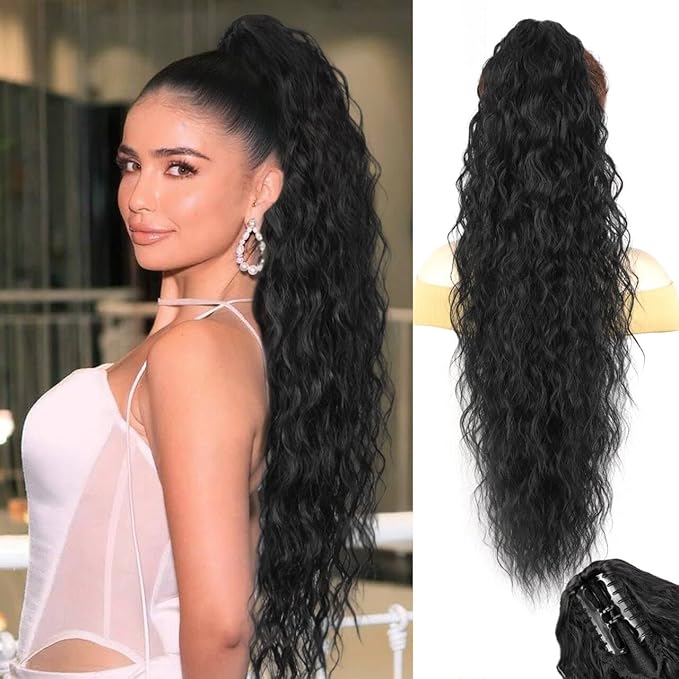 ENBEAUTIFUL 30" Claw Clip Ponytail Extension Long Wavy Ponytail Extension Synthetic Pony Tails Hair Extensions Clip in Synthetic Hair pieces Fluffy Natural Looking for Women Black