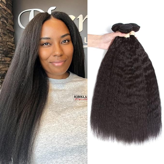 Kerriana Kinky Straight Bundles Human Hair, 24 26 28 Inch Long Hair Weave Human Hair Bundles 100% 3pcs Raw Bundles Kinky Straight