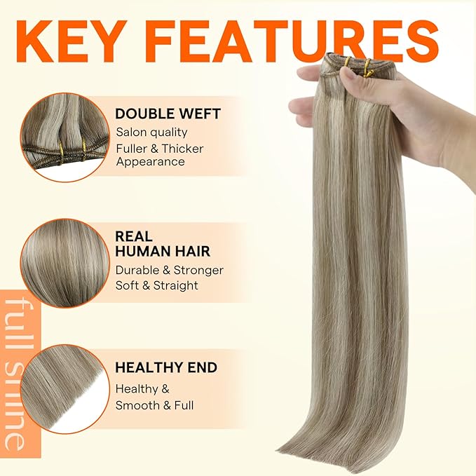 Full Shine Sew In Hair Extensions Real Human Hair Weft Hair Extensions Remy Straight Hair Weft Extensions Color Ash Brown Highlight Blonde Machine Tied Weft Extensions 12 Inch 80G