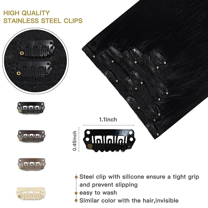 Clip in Hair Extensions Real Human Hair Natural Black Clip in Extensions Human Hair Double Weft Brazilian Hair Soft Silky Straight 100% Remy Human Hair Clip In Extensions 18 Inch 7pcs