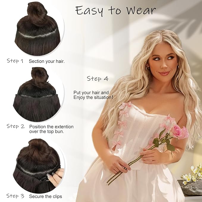 Blonde Highlights Invisible Wire Hair Extensions Long Wavy Synthetic Hairpiece with 4 Secure Clips for Women 20 Inch Clip in Hair Extensions