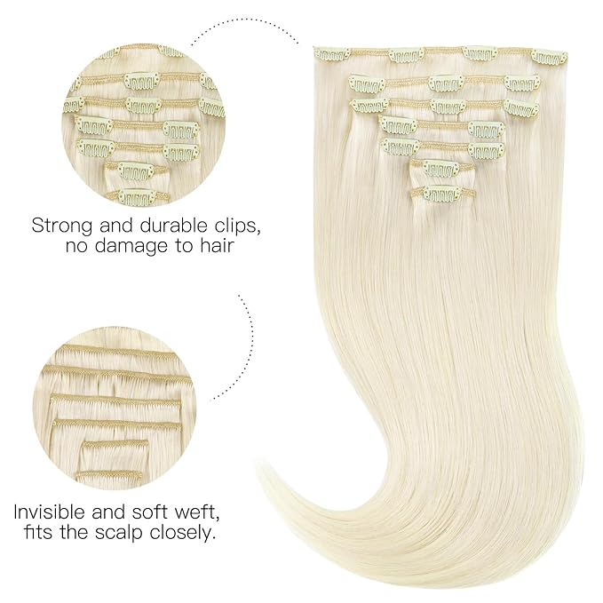 HOTBANANA Human Hair Clip in Hair Extensions, Ivory Blonde 120g Clip in Hair Extensions Real Human Hair Straight Remy Hair Clip Ins 18 Inch 7pcs