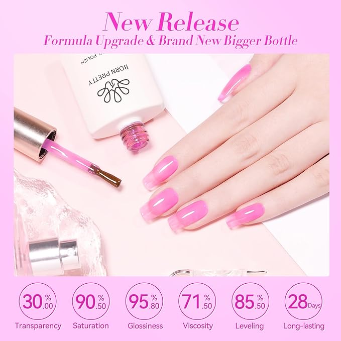 BORN PRETTY Ice Jelly Gel Nail Polish Jelly Halloween Hot Pink Gel Polish Sheer Transparent Hot Pink Natural Translucent Hema-Free Soak Off Gel Polish Nail Art DIY Christmas Gift 15ML