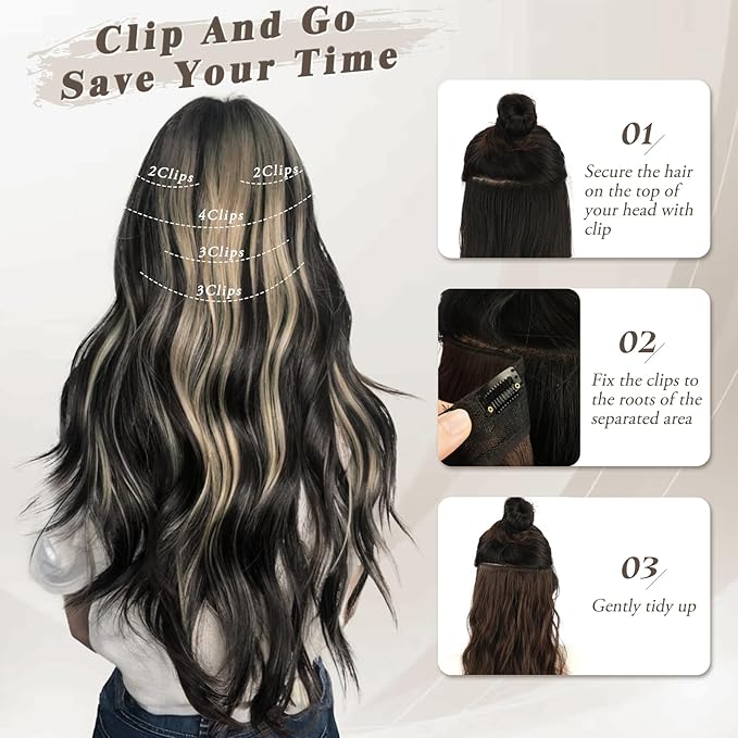 BARSDAR Black and Blonde Clip in Hair Extensions - Black Blonde Highlights Long Wavy Clip in Hair Extensions for Women - 20 Inch 5 PCS Thick Soft Synthetic Hairpieces Daily Party Halloween