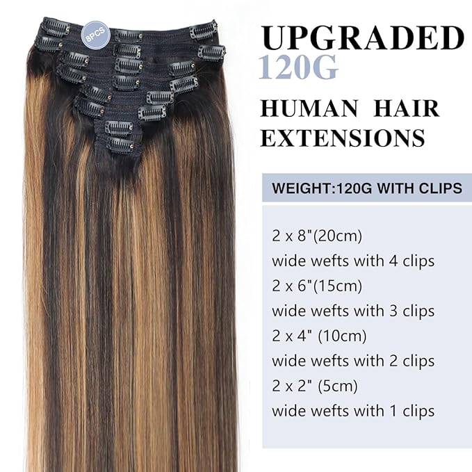Balayage Clip in Hair Extensions Real Human Hair Straight Brazilian Human Hair Clip in Extensions, Natural Soft Human Hair, 8Pcs 120g, 18inch #1B/6/1B Balayage Natural Black to Chestnut Brown