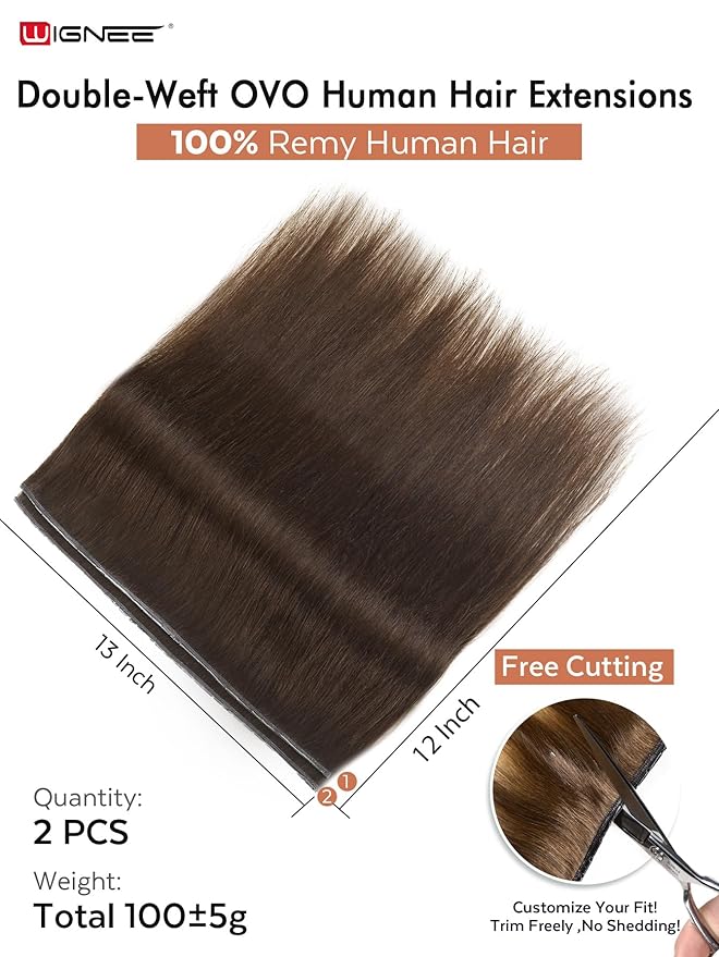 WIGNEE Double Invisible PU OVO Human Hair Extensions 100% Remy Hair Weft Brown Hair Extensions Human Hair 2 PCS 12 Inch No Glue Wefts Micro Bead Real Human Hair Extensions (2)