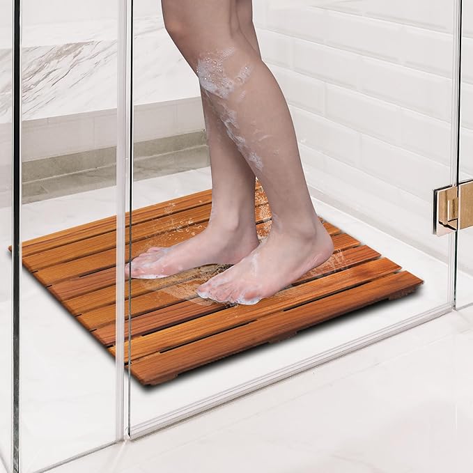 VaeFae Teak Shower Mat, Non-Slip Bath Mat, Luxury Spa Mat, Wooden Mat for Bathtub, 20 x 20 in