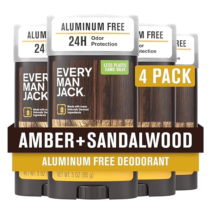 Every Man Jack Amber + Sandalwood Men’s Deodorant - Stay Fresh with Aluminum Free Deodorant For all Skin Types - Odor Crushing, Long Lasting, with Naturally Derived Ingredients - 3oz (4 Pack)