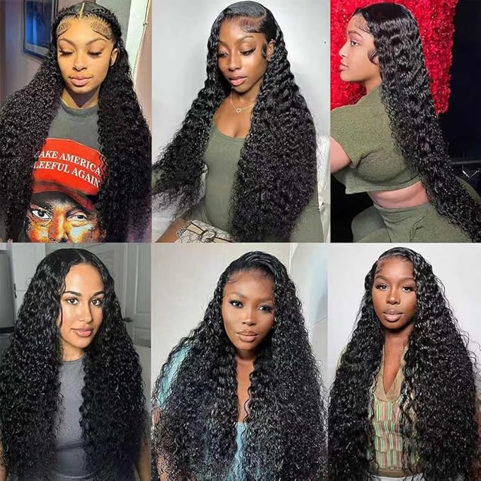 Oxcart Deep Wave Lace Front Wigs Human Hair 32 Inch 200 Density 13x6 HD Lace Frontal Wigs Pre Plucked Glueless Brazilian Virgin Human Wig with Baby Hair Deep Wave Wigs for Women Natural Black