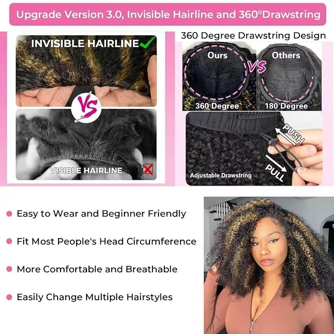 AMIRTY KinkyCurly Half Wig Human Hair 200 Density Headband Wig Human Hair for Women 3 In 1 Drawstring Seamless Flip Over Glueless Wear and Go Wigs Human Hair Beginner Friendly Half Wig 18 Inch
