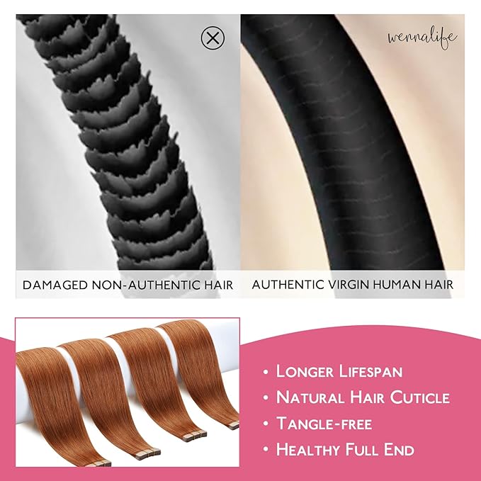 WENNALIFE Tape in Hair Extensions Human Hair Dirty Ginger 10pcs 30g 22 inch Remy Invisible Tape Ins Straight Colored Soft Real Human Hair Tape in Extensions Refill Set Extensions