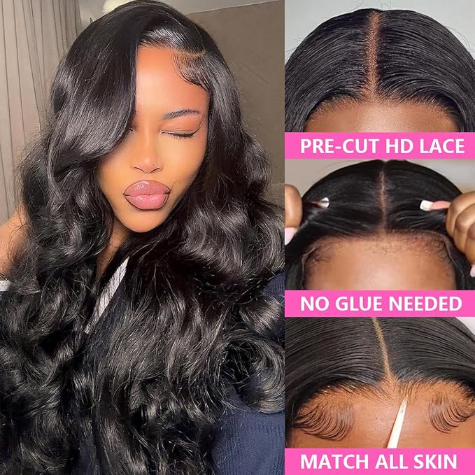 Wear and Go 7x5 Glueless Wigs Human Hair Pre Plucked Pre Cut Body Wave Lace Front Wigs 200% Density Put on and GO 7x5 HD Lace with Baby Hair for Women(7x5 Glueless Wig Natural Color 24 Inch)