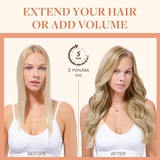 GOO GOO Invisi Edge Clip in Hair Extensions 16inch 120g 7Pcs Injected Seamless PU Clip in Hair Extensions, Virgin Real Human Hair, 16/22 Light Blonde Highlighted Golden Blonde