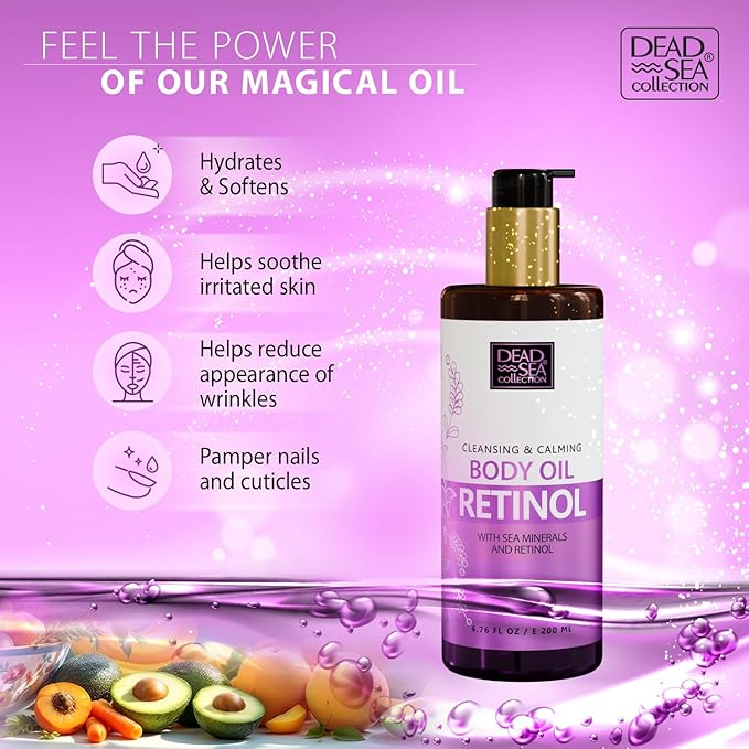 Dead Sea Collection Retinol Body Oil for Dry Skin – Moisturizing & Hydrating Skin Oil with Vitamin E & Blend of Almond, Grape, Olive, Wheat Germ Oil – Nourishing Skincare – 6.76 oz