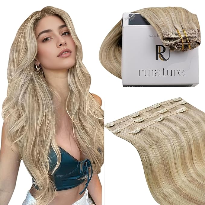 RUNATURE Clip in Hair Extensions Real Human Hair, Natural Hair Extensions Clip Ins, Remy Human Hair for Women Double Weft 16 Inch 50g 3pcs #16P22 Dark Ash Blonde Highlight Light Blonde