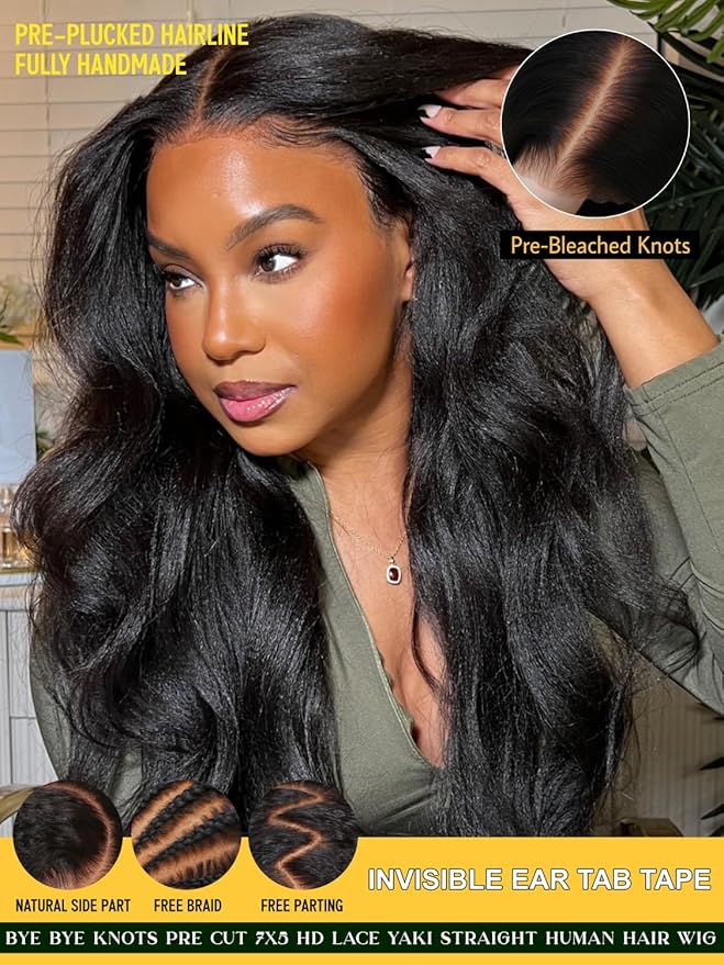 Sunber Yaki Straight Human Hair Wig Pre Cut 7x5 HD Lace Front Wig Bye Bye Knots Pre Plucked Bleached Knots Put On and Go Glueless Yaki Straight Human Hair 180% Density 16Inch Yaki Straight Wigs