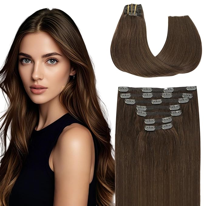 Clip In Hair Extensions Real Human Hair, 20inch 160g 7pcs Chocolate Brown Hair Extensions Clip ins, Real Human Hair for Women(#4-20inch)
