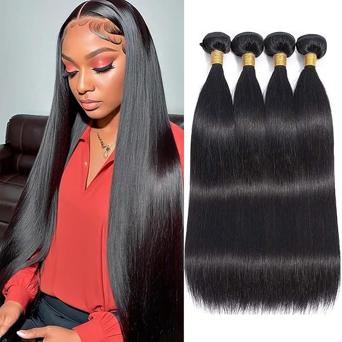 Straight Bundles Human Hair 24 24 26 26 Inch 100% Unprocessed Brazilian Virgin Hair 4 Bundles Hair Extension for Black Women Natural Color