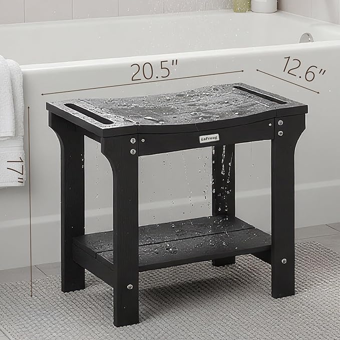 20.5'' HDPS Shower Bench Seat, Poly Lumber Shower Stool Waterproof, 2-Tier Plastic Bath Spa Chair Seat for Shaving Legs with Storage Shelf, No Maintenance, Black, Weight Capacity 500LBS
