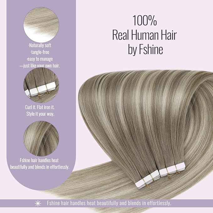 Fshine Tape in Hair Extensions Human Hair 22 Inch Ash Blonde and Platinum Brlonde Balayage Tape in Extensions Real Human, Long, Great for Stage Performance 20 pcs 50 g