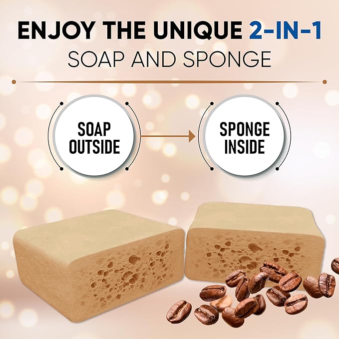 T.Taio Coffee Esponjabon Soap Sponge - Cleansing Shower Scrubber - Cleaning Bath Wash Scrub - Oil Removal - Massage & Lather Foot, Elbow, & Face - Bathroom Accessories (2-Pack)