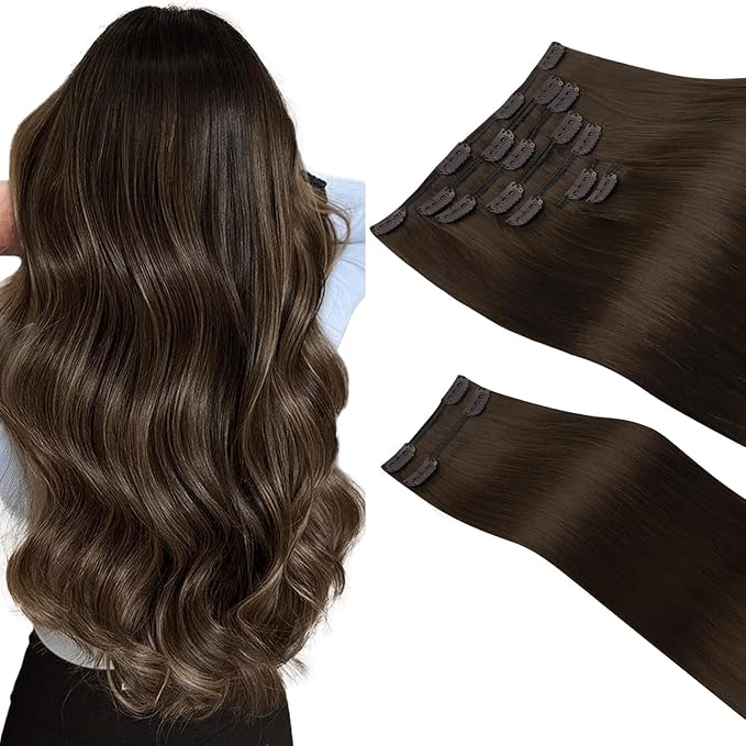 HOTBANANA Clip in Hair Extensions Real Human Hair, 135g 9pcs 16 inch Light Dark Brown Straight Remy Clip in Extensions Full Head for Women