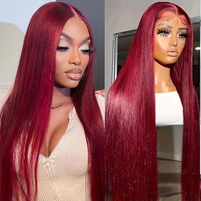 LICHANG 13x6 99J Straight Lace Front Wigs Human Hair Pre Plucked with Baby Hair for Black Women Glueless 28 Inch
