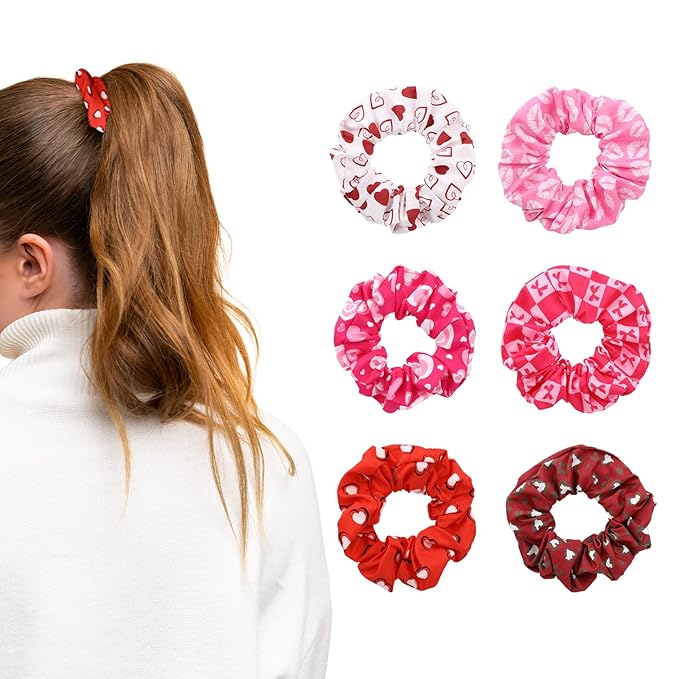 6 Pcs Valentines Scrunchies for Women Girls Heart Lip Print and Bow Pattern Elastics Hair Band Pink Valentines Day Accessories for Galentines Day Gifts