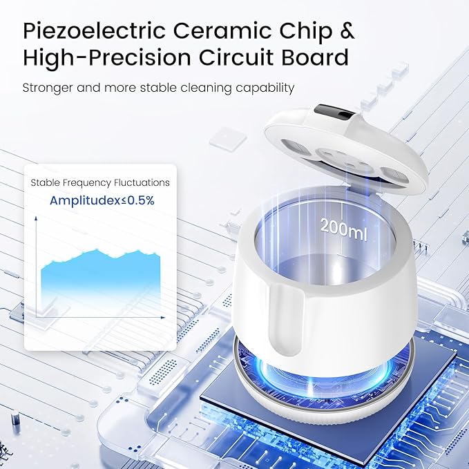 MEKO Cordless Ultrasonic Retainer Cleaner Machine, 48kHZ Rechargeable Denture Cleaner with 4000mAh Battery, IPX5 Waterproof Dental Pod for Aligner, Braces, Jewelry, Toothbrush Head-White