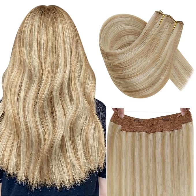 RUNATURE Invisible Wire Hair Extensions, Real Human Hair Extensions Blonde, Fish Line Hair Extension, Easy to Apply, 16 Inch 80g #18P613 Honey Blonde