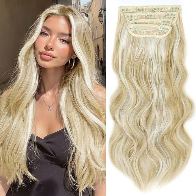 4pcs Highlights Clip in Synthetic Hair Extension for Women Dark Ash Blonde Mixed Bleach Blonde Long Wavy Natural Hairpieces 20 Inch Double Weft Hairpieces Full Head For Women (20INCH, P86/613)