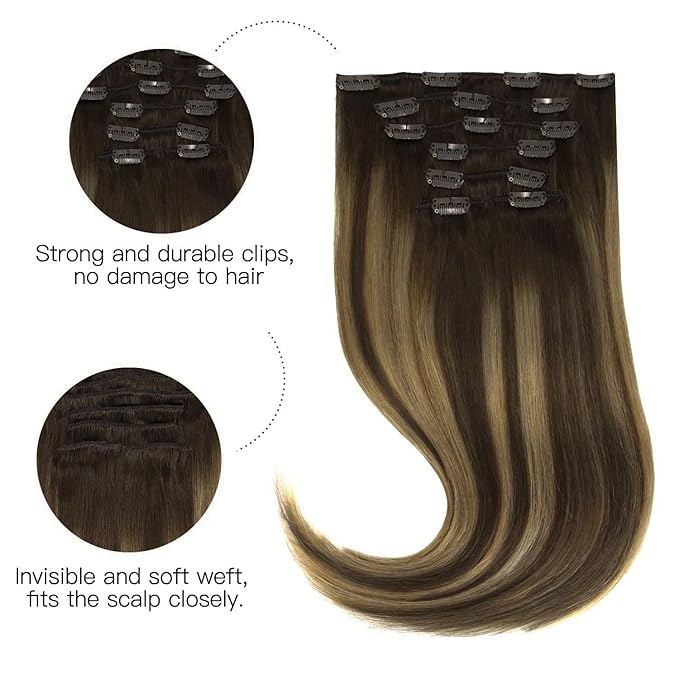 HOTBANANA Human Hair Clip in Hair Extensions, Balayage Chocolate Brown Mixed Caramel Blonde 75g Clip in Hair Extensions Real Human Hair Straight Remy Hair Dark Roots Ombre 12 Inch 7pcs