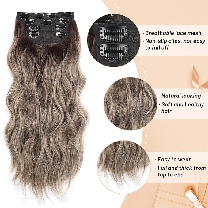 4PCS Thick Hairpieces Clip in Hair Extensions for Women Synthetic Clip in Long Wavy Hair Extension 20 Inch Double Weft Hairpieces Full Head For Women (20INCH, R6/88)