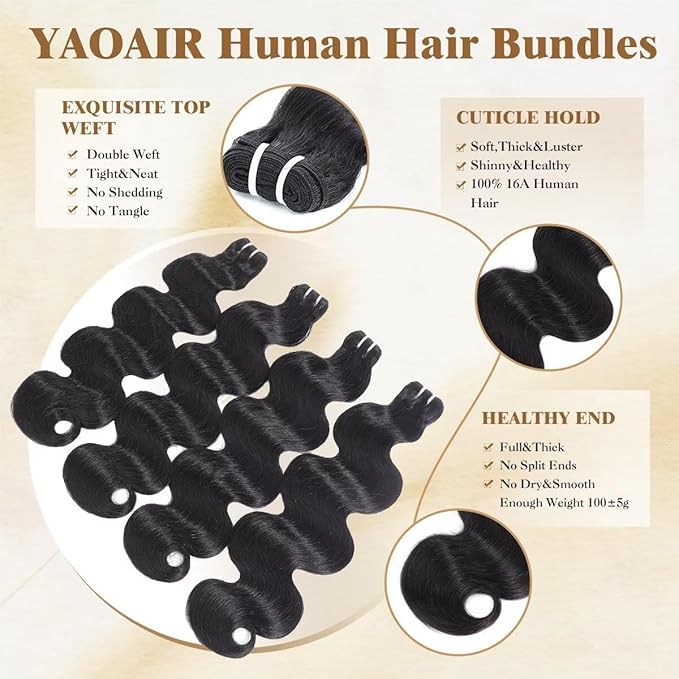 16A Raw Human Hair Bundles,3 Bundles 16 16 16 Inch Body Wave Bundles Human Hair,100% Unprocessed Brazilian Virgin Hair,Quick Weave,Hair Extensions Natural Black For Women,3X Longer Lifespan