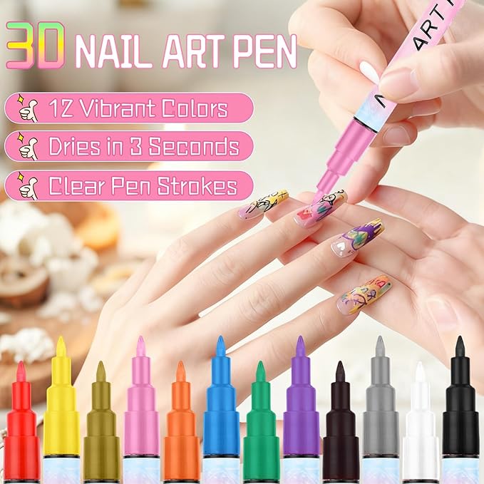 12 Colors Nail Art Pens Set,2026 Upgraded Nail Art Markers for Gel Nails,Quick Dry Long Lasting Nail Polish Pen,DIY 3D Drawing Dotting Painting Nails Liner Brush for Dotting Painting Home Use(B)