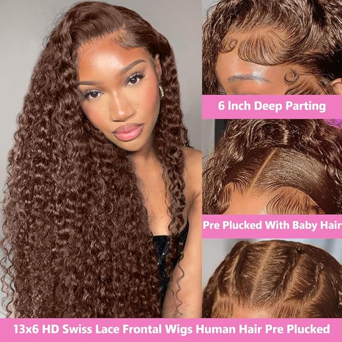 28Inch Chocolate Brown Lace Front Wig Human Hair 200 Density 13x6 HD Deep Wave Lace Front Wigs Human Hair Colored Deep Curly Lace Frontal Wigs Glueless Wig Brown Wig Wigs for Women