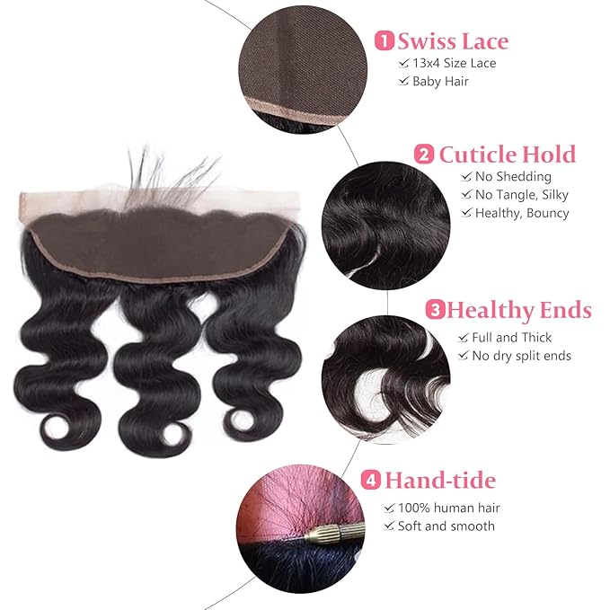 13x4 Lace Frontal Closure Body Wave Human Hair Ear to Ear HD Lace Frontal Closure Free Part Brazilian Body Wave Hair Extensions 150% Density Human Hair Pre Plucked with Baby Hair 12 Inch