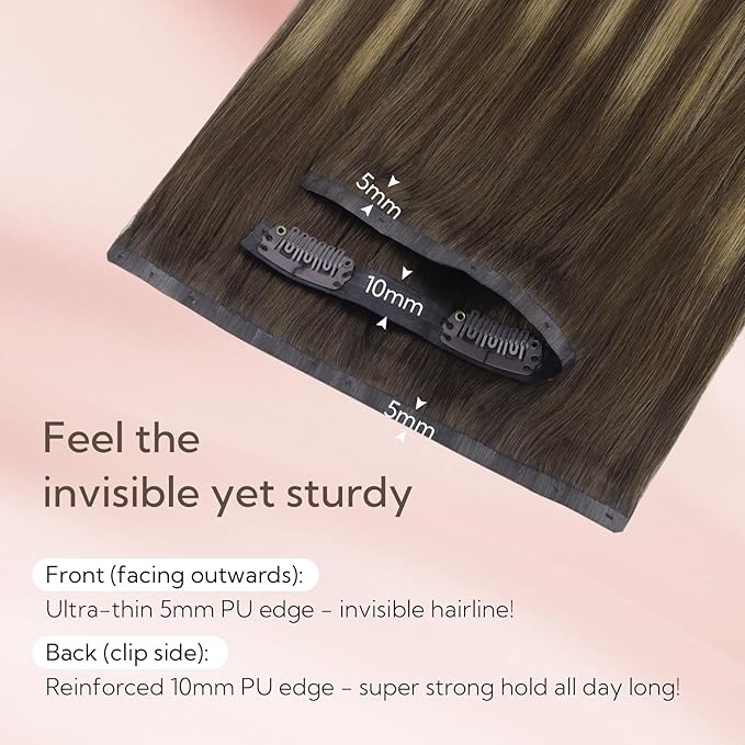 HOTBANANA Clip in Hair Extensions 18 inch 130g 7pcs Chocolate Brown mixed Caramel Blonde Clip in Remy Human Hair Extensions Straight Hair Invisi Edge Clip Hair Full Head