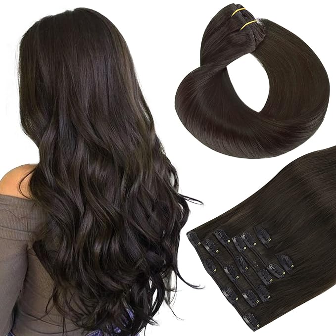 HOTBANANA Human Hair Clip in Hair Extensions, Dark Brown 75g Clip in Hair Extensions Real Human Hair Straight Remy Hair 12 Inch 7pcs