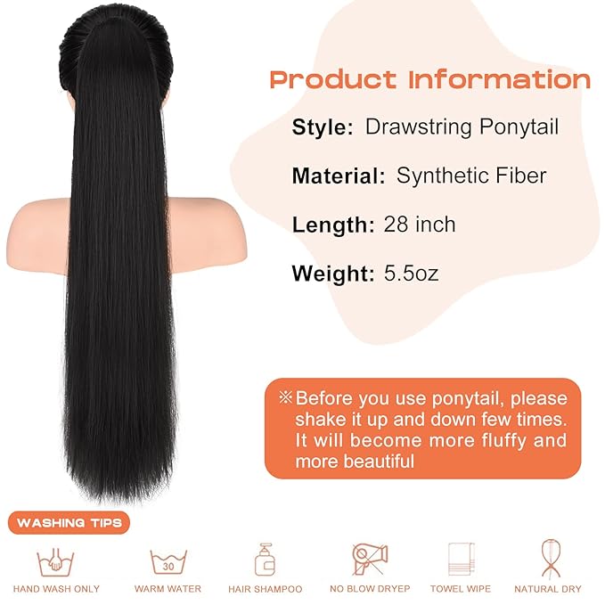 SEIKEA 28" Ponytail Extensions Drawstring Long Straight Fake Pony Tail Natural Soft Clip in Hair Extension Synthetic Heat Resistant Hairpiece - Black