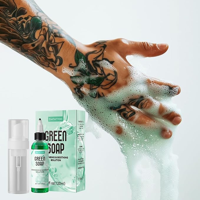Green Tattoo Soap 4OZ with Foaming Bottle 120ml, Tattoo Supplies for Tattoos Piercings, Clean Skin