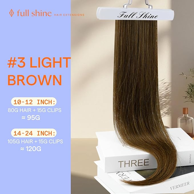 Full Shine 16 Inch Clip in Hair Extensions Light Brown Clip in Extensions Real Human Hair Seamless Hair Extensions Clip ins Natural Hair 7 Pcs 120 G