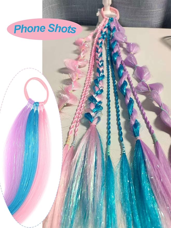 Colored Hair Extensions Blue Pink Purple Ponytail Extension Colorful 2 Packs, 20 inch Crazy Hair Day Accessories for Women, DIY Festival Wacky Rave Braids,Tinsel Mixed