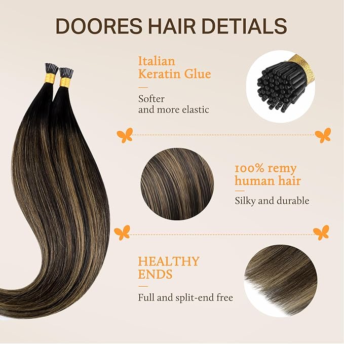 DOORES I Tip Hair Extensions Human Hair,14 Inch 100g 200s Itip Human Hair Extensions,Natural Black to Chestnut Brown I Tip Hair Extensions,Virgin Human Hair Extensions