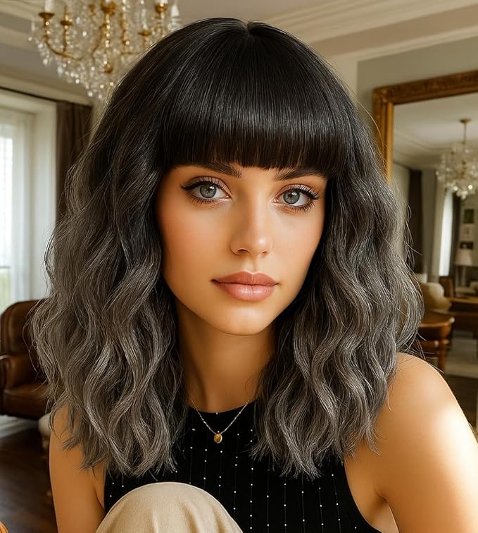 WAVE&BREEZE Short Gray Wigs with Bangs 14Inch Ombre Grey Mixed Brown Curly Bob Wig for Women Shoulder Length Natural Looking Hair Replacement Wig for Daily Party Use Cosplay Costume Halloween Wig