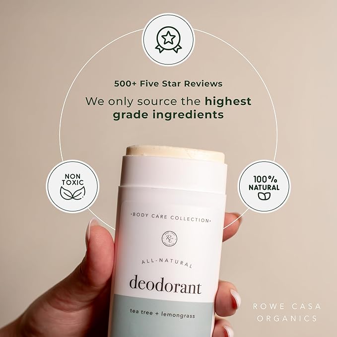 Rowe Casa Organics Tea Tree + Lemongrass Natural Deodorant for Men and Women, Fresh and Energizing Paraben-Free Deodorant Stick with Therapeutic-Grade Essential Oils, 2 oz