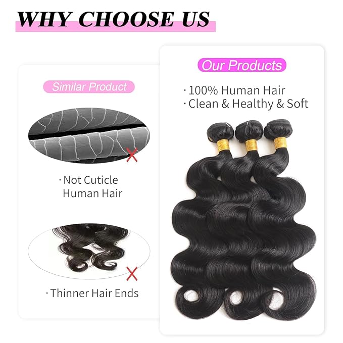 12A Human Hair Bundles 16 18 20 Inch Body Wave 3 Bundles Human Hair 100% Unprocessed Brazilian Virgin Hair Bundles Quick Weave Hair Extension Natural Black