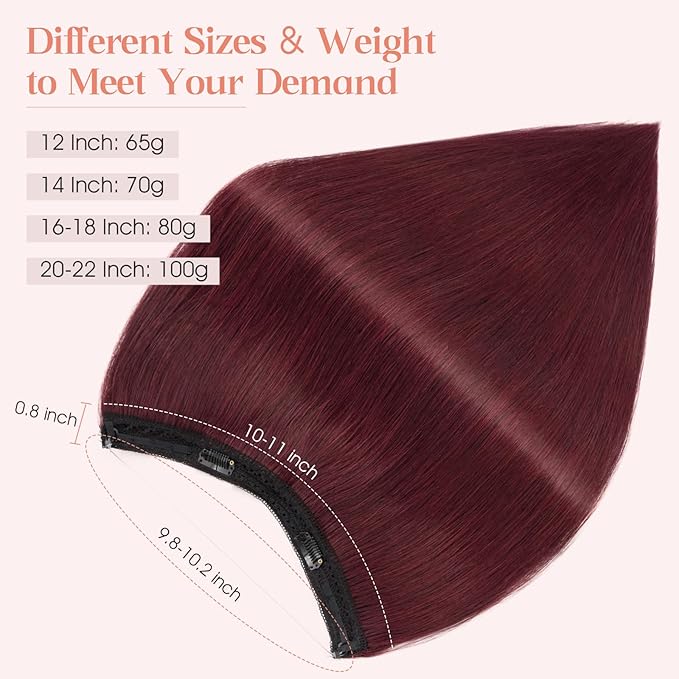 Hairro Wire Hair Extensions Human Hair, Fish Line Invisible Adjustable & Clips in Extensions Straight, 100% Real Hairpieces Seamless Blending for Women, 16 Inch 80g Wine Red