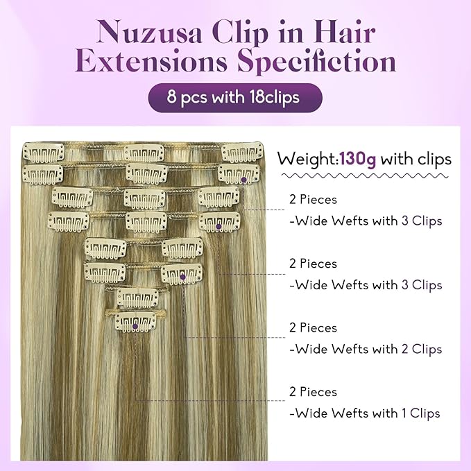 Blonde Clip in Hair Extensions Real Human Hair 8pcs Per Set with Double Weft 100% Seamless Blonde Hair Extensions for Women #8p613 Mixed Bleach Blonde 24inch 120g/4.2oz